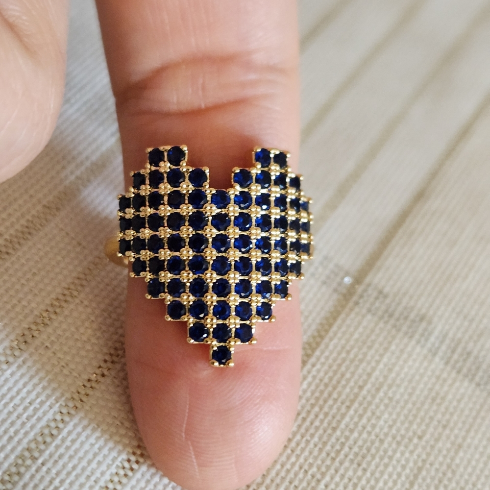 New 18K Gold Plated Blue Sapphire Pixel Heart Adjustable Ring for Women - Picture 7 of 11